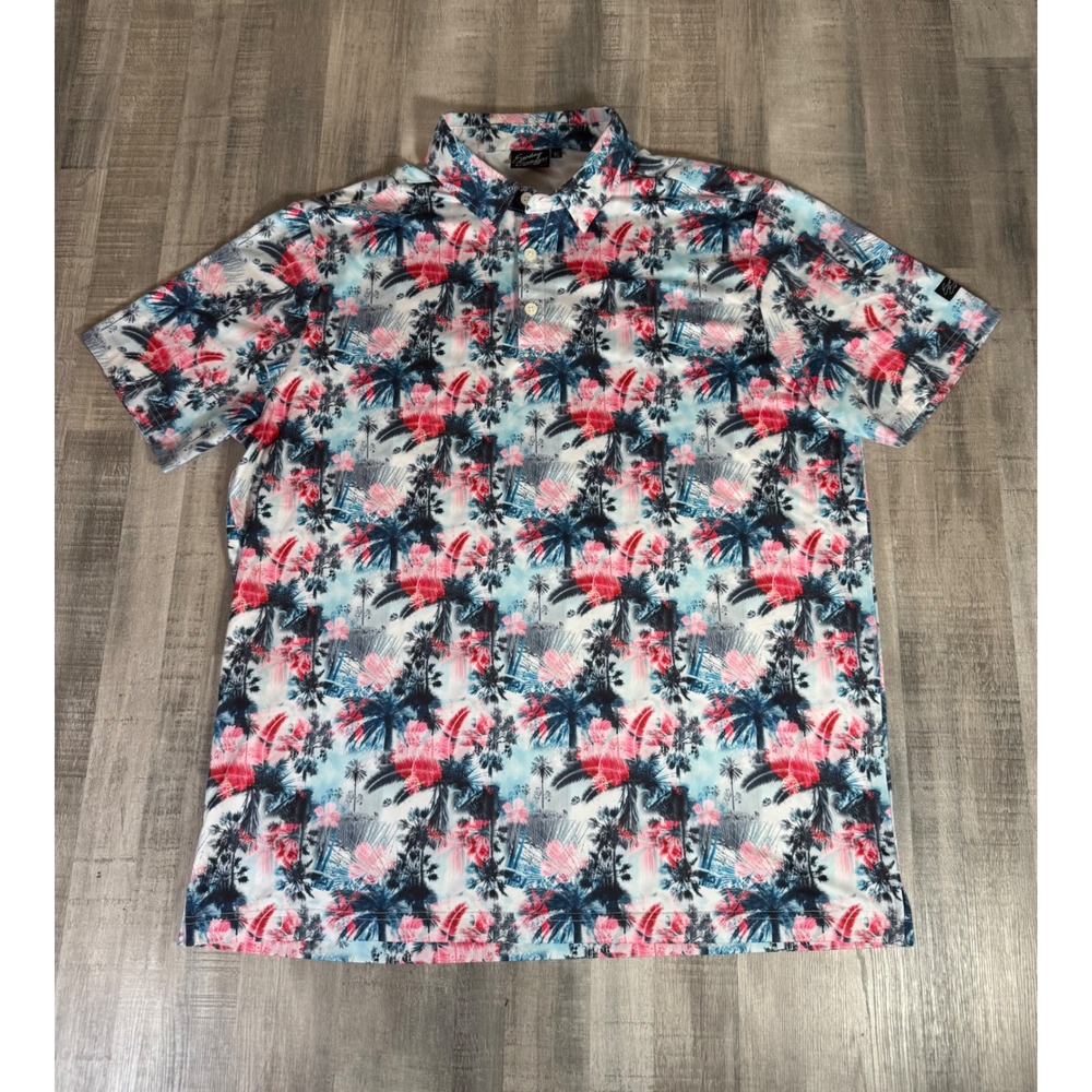 Sunday Swagger Mens XL Tropical Palm Tree Hibiscus Golf Performance Polo Shirt